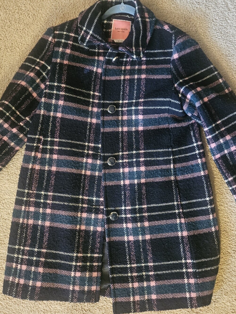Kate Spade New York Plaid Wool Blend Coat Pink Navy Women's Designer Coat - Picture 8 of 16